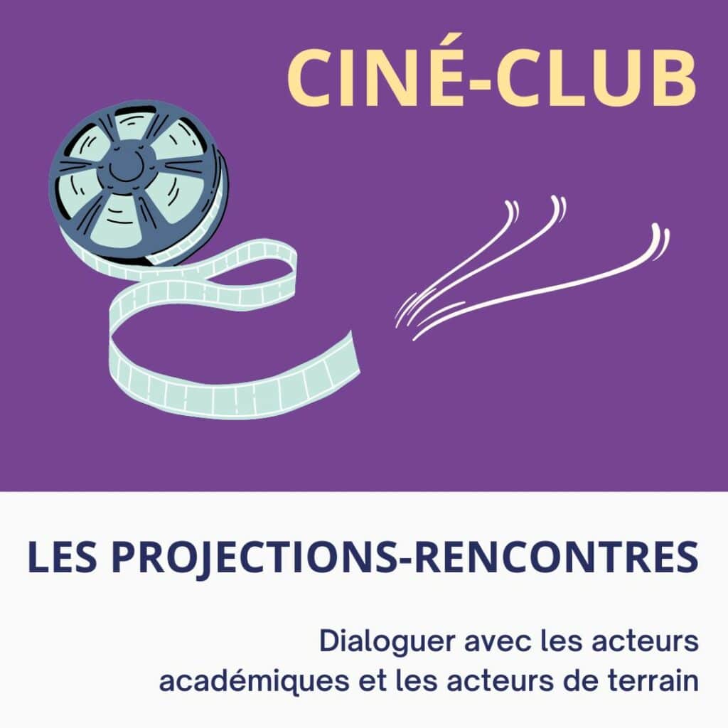Visuel présentant le Ciné-club du PPR Autonomie. Sur un fond violet, une bobine dévide son film. Sous-titre : les projections-rencontres - Dialoguer avec les acteurs académiques et les acteurs de terrain.