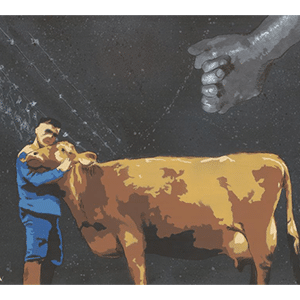 Tableau représentant une personne en train de prendre soin d'une vache.