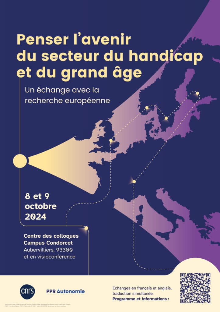 Haut du flyer "Penser l'avenir du secteur du handicap et du grand âge : un échange avec la recherche européenne" Graphisme : un faisceau lumineux éclaire le dessin d'une carte de l'Europe, qui se dévoile en bleu marine sur un dégradé du jaune au violet.