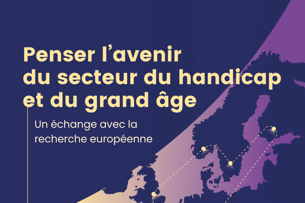 Haut du flyer "Penser l'avenir du secteur du handicap et du grand âge : un échange avec la recherche européenne" Graphisme : un point faisceau lumineux éclaire le dessin d'une carte de l'Europe, qui se dévoile en bleu marine sur un dégradé du jaune au violet.