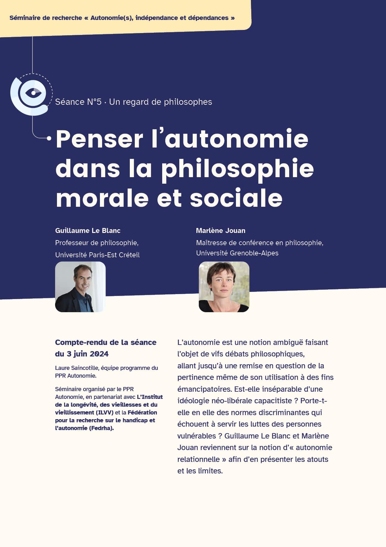 Première page du compte-rendu de la séance 5 du séminaire "Autonomie(s)" du 3 juin 2024 : "Penser l'autonomie dans la philosophie morale et sociale". Intervenants : Guillaumes Le Blanc et Marlène Jouan (philosophes).