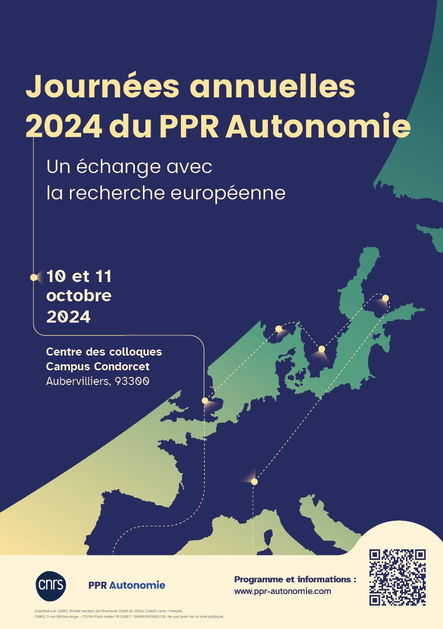 Flyer "Journées annuelles 2024 du PPR Autonomie - Un échange avec la recherche européenne, 10 et 11 octobre 2024, Centre des colloques, Campus Condorcet, Aubervilliers, 93300. Logo : CNRS, PPR Autonomie. Visuel : carte de l'Europe en bleu foncé, éclairée par un faisceau dégradé du jaune au vert.