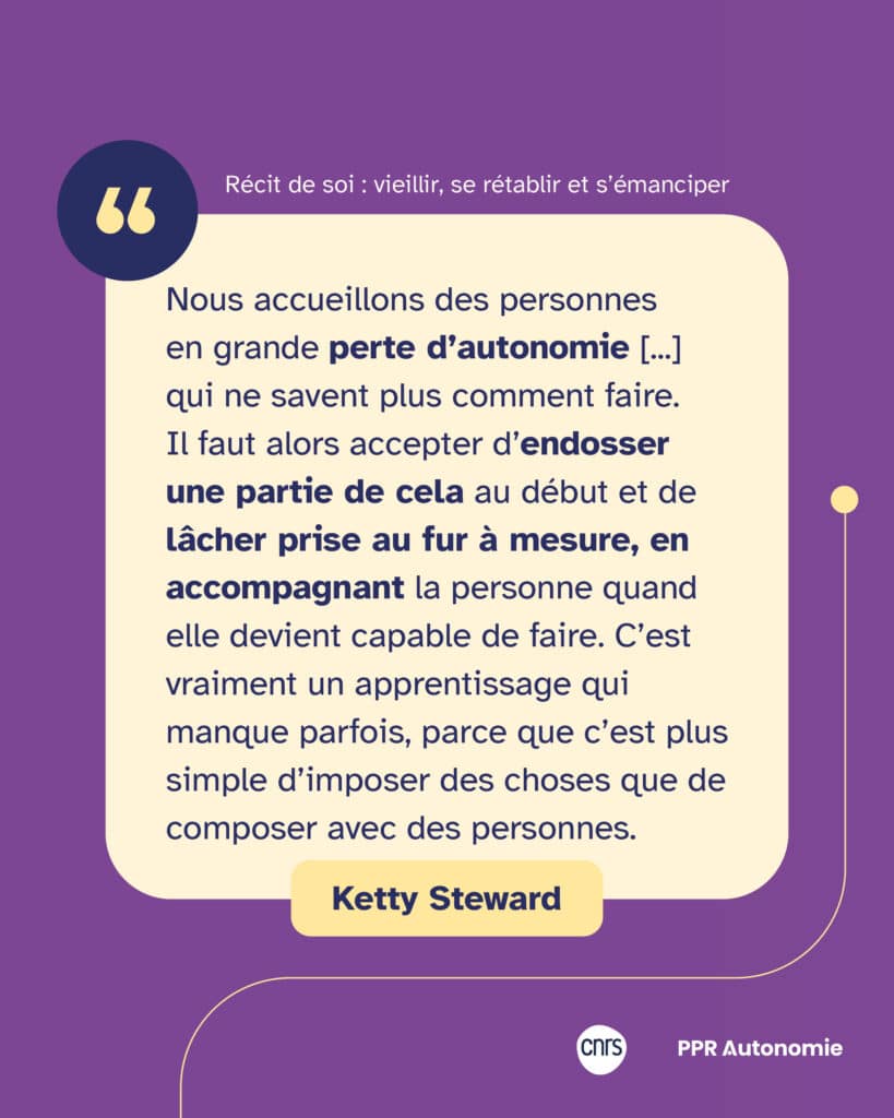 Visuel de citation : "J’ai été assez vite confrontée au fait que nous sommes plus souvent en rapport avec des récits sur le monde qu’avec le monde lui-même, dans sa complexité. Le rôle des récits m’est apparu assez vite : ils sont ce sur quoi nous nous appuyons pour donner du sens à ce que l’on vit. Je me suis aperçue en faisant des ateliers d’écriture de fiction, que les gens s’en saisissaient pour faire ce travail de mise en sens." Ketty Steward