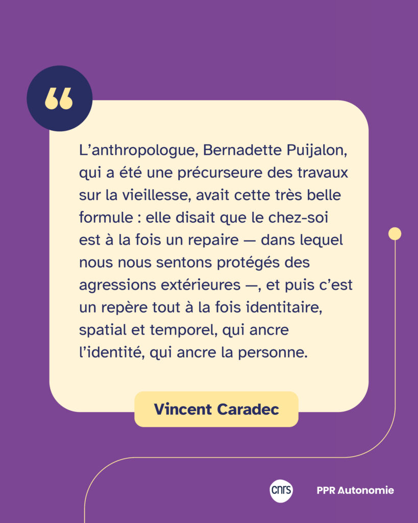 Encart citation Vincent Caradec : "L’anthropologue, Bernadette Puijalon, qui a été une précurseure des travaux sur la vieillesse, avait cette très belle formule : elle disait que le chez-soi est à la fois un repaire — dans lequel nous nous sentons protégés des agressions extérieures —, et puis c’est un repère tout à la fois identitaire, spatial et temporel, qui ancre l’identité, qui ancre la personne."