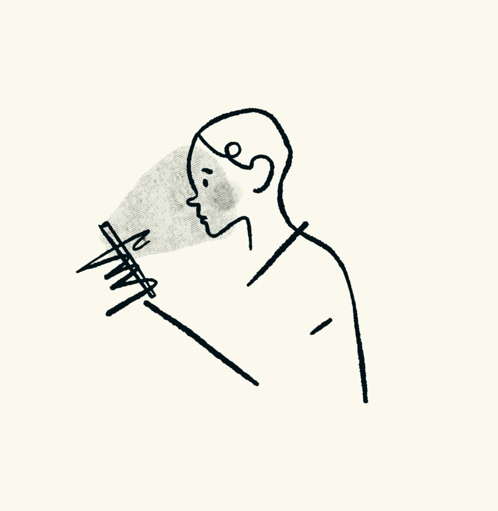 Dessin à la plume représentant une jeune personne assise devant un écran.