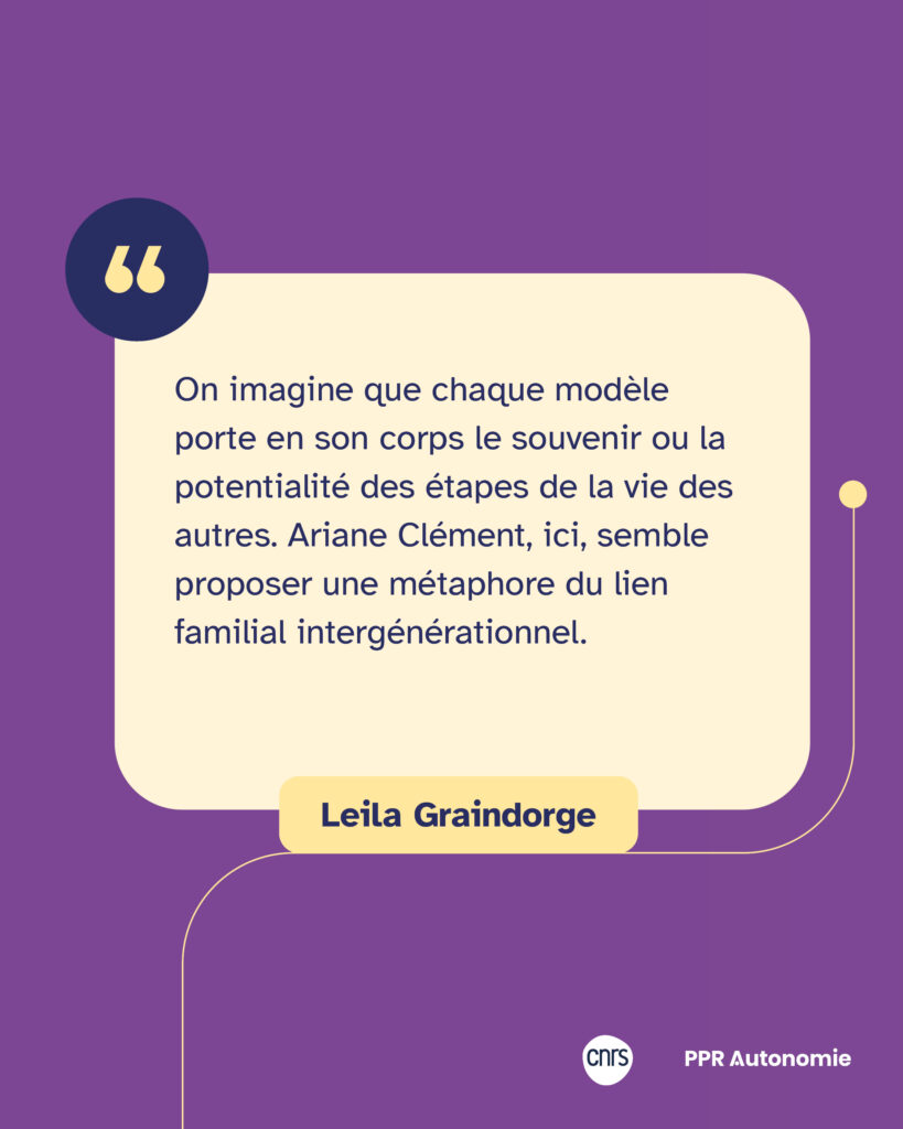 Encart citation Leila Graindorge : "On imagine que chaque modèle porte en son corps le souvenir ou la potentialité des étapes de la vie des autres. Ariane Clément, ici, semble proposer une métaphore du lien familial intergénérationnel."