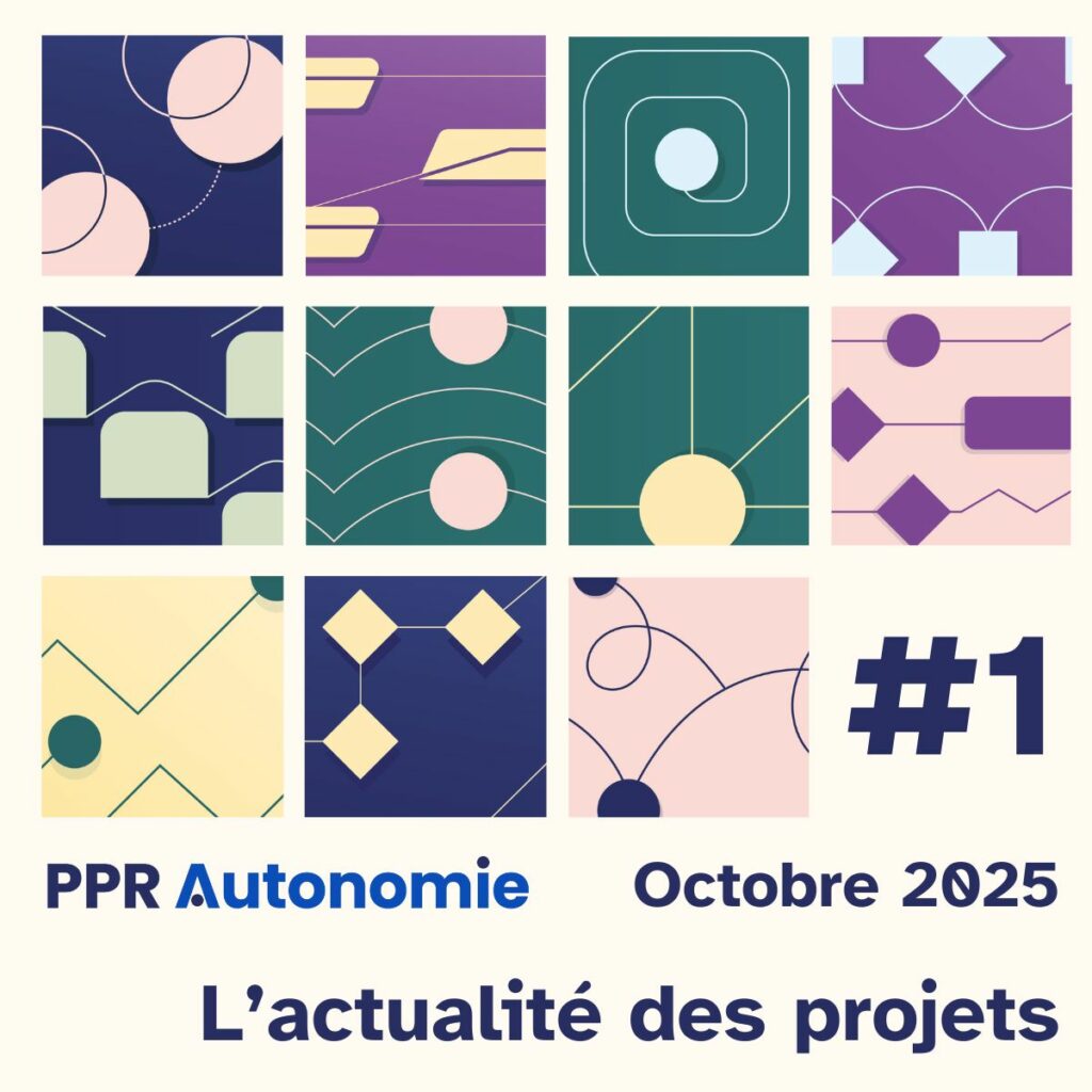 Visuel de l'article d'actu : PPR Autonomie, octobre 2025, l'actualité des projets. L'ensemble des motifs des divers projets financés forment un carrelage coloré.