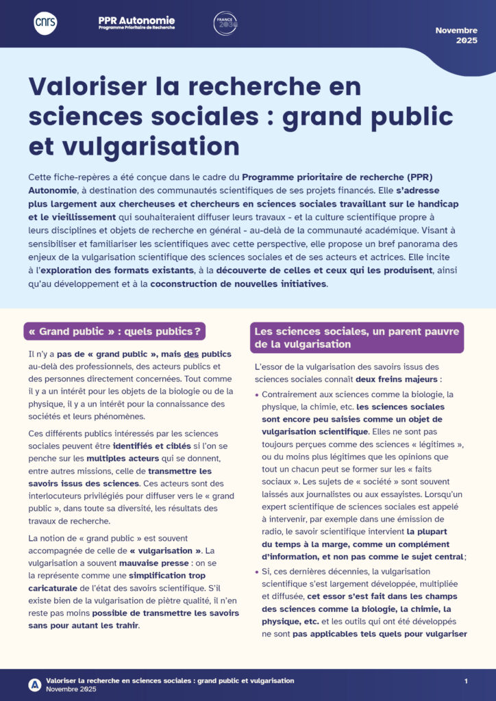 Aperçu de la première page de la fiche repère "Valoriser la recherche en sciences sociales : grand public et vulgarisation"