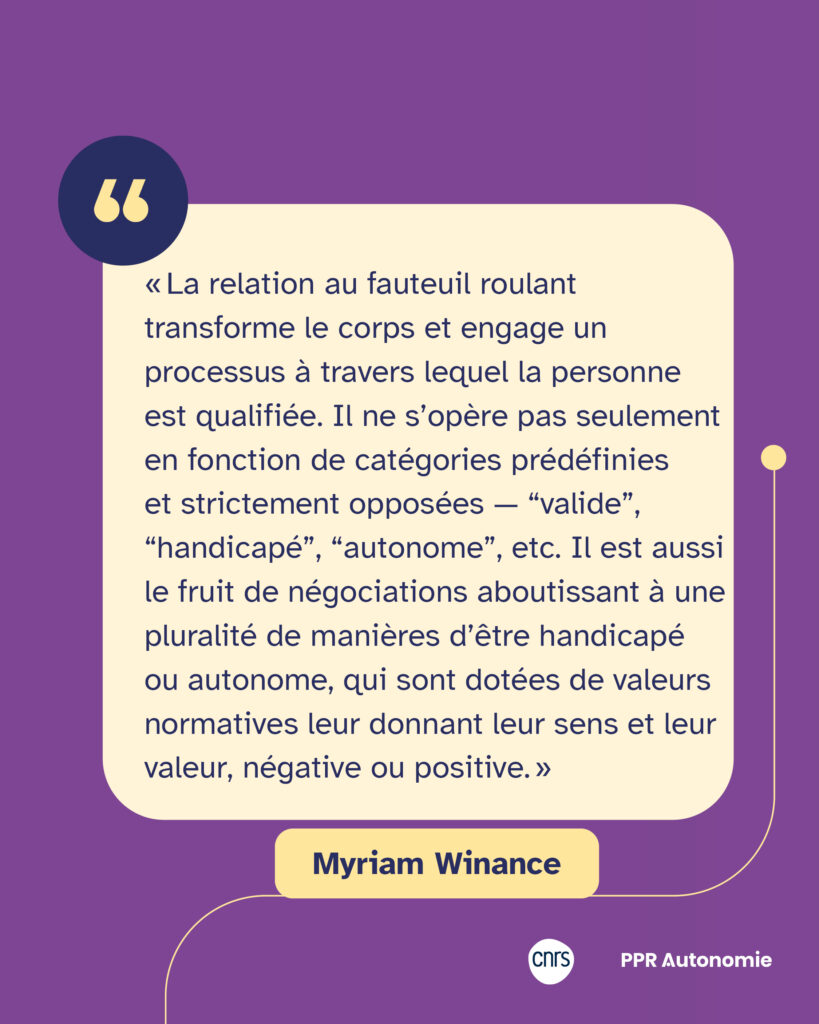 Encart citation Myriam Winance : « La relation au fauteuil roulant transforme le corps et engage un processus à travers lequel la personne est qualifiée. Il ne s’opère pas seulement en fonction de catégories prédéfinies et strictement opposées — “valide”, “handicapé”, “autonome”, etc. Il est aussi le fruit de négociations aboutissant à une pluralité de manières d’être handicapé ou autonome, qui sont dotées de valeurs normatives leur donnant leur sens et leur valeur, négative ou positive. »