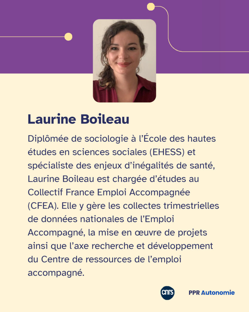 Encart biographique de Laurine Boileau : Diplômée de sociologie à l’École des hautes études en sciences sociales (EHESS) et spécialiste des enjeux d’inégalités de santé, Laurine Boileau est chargée d’études au Collectif France Emploi Accompagnée (CFEA). Elle y gère les collectes trimestrielles de données nationales de l’Emploi Accompagné, la mise en œuvre de projets ainsi que l’axe recherche et développement du Centre de ressources de l’emploi accompagné.